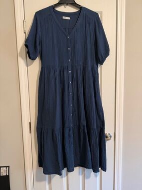 Sonoma Navy Button-Front Tiered Midi Dress
